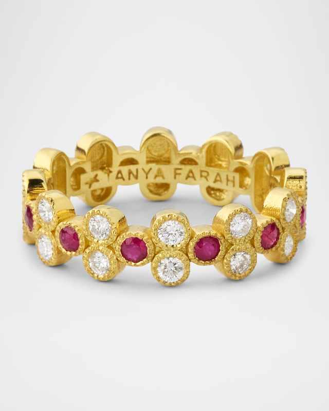 18K Yellow Gold White Diamond and Ruby Cluster Stack Ring